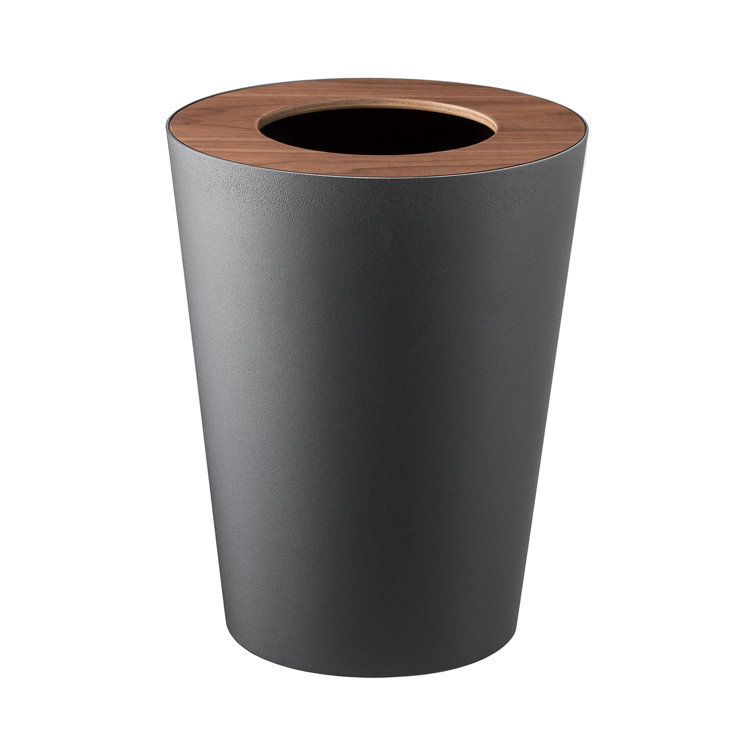 Walnut and Black Round Steel Office Trash Can