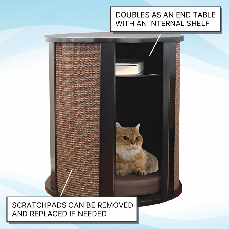 Espresso Wood Round Cat Bed End Table with Scratch Pad