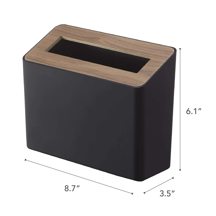 Compact Walnut and Black Plastic Tabletop Trash Can with Lid