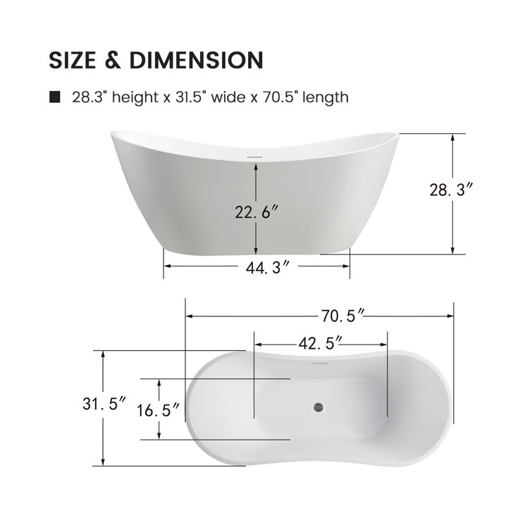 Ophelia 71" White Acrylic Freestanding Soaking Bathtub