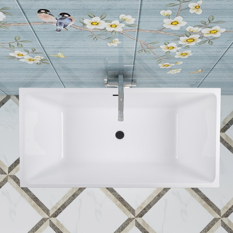 White and Matte Black Acrylic Freestanding Soaking Bathtub, 59 Inches