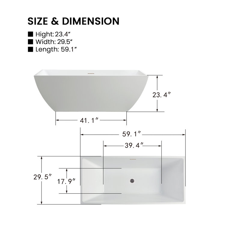 White Acrylic 59" Freestanding Soaking Bathtub