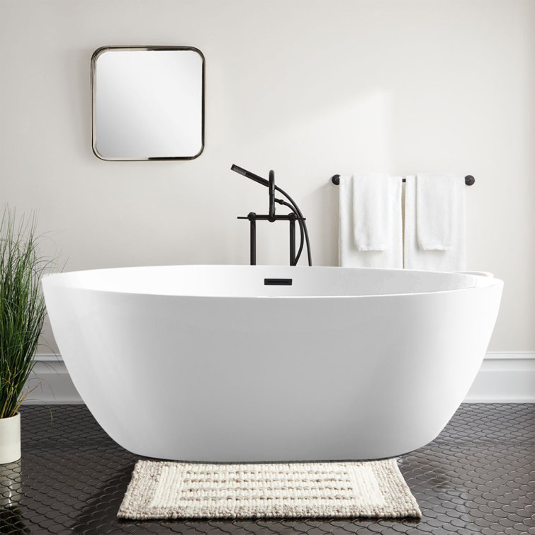 59" White Acrylic Freestanding Soaking Bathtub with Matte Black Drain