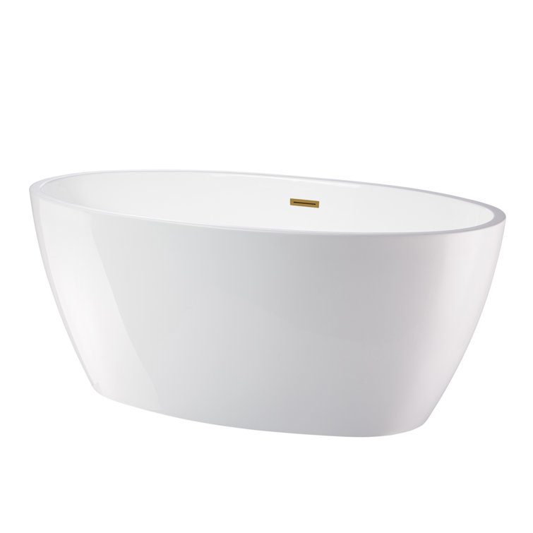 59" White Acrylic Freestanding Soaking Bathtub with Gold Accents