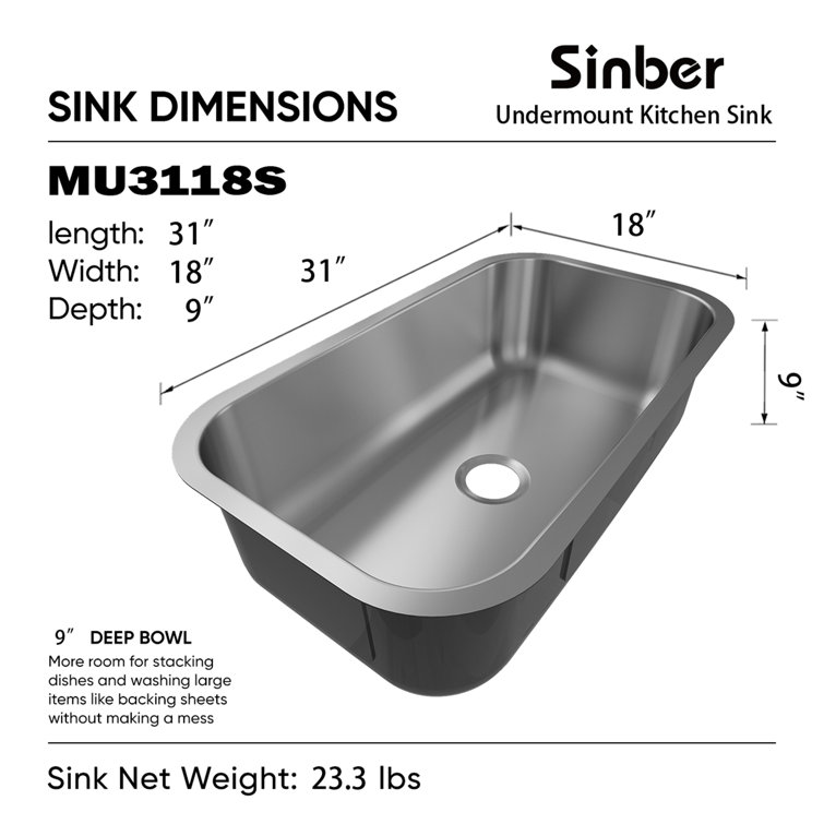 Sinber 33" Satin Stainless Steel Undermount Single Bowl Kitchen Sink