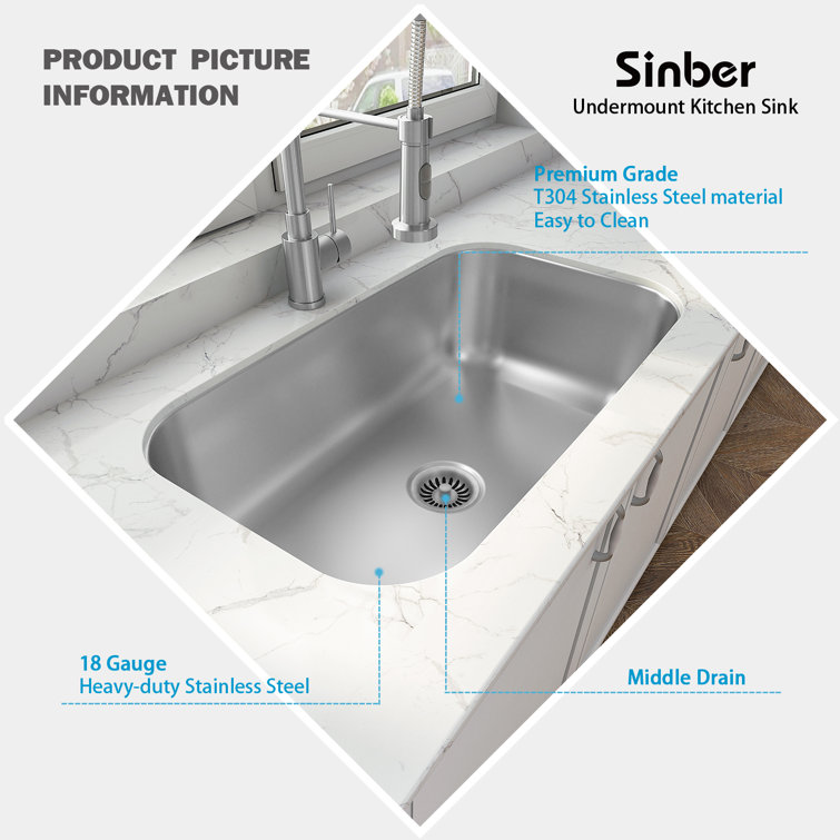 Sinber 33" Satin Stainless Steel Undermount Single Bowl Kitchen Sink