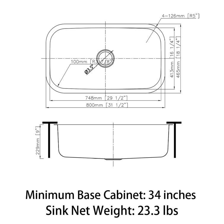 Sinber 33" Satin Stainless Steel Undermount Single Bowl Kitchen Sink