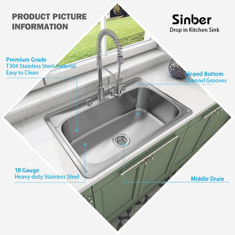 Sinber 33'' x 22'' Stainless Steel Single Bowl Drop-In Kitchen Sink