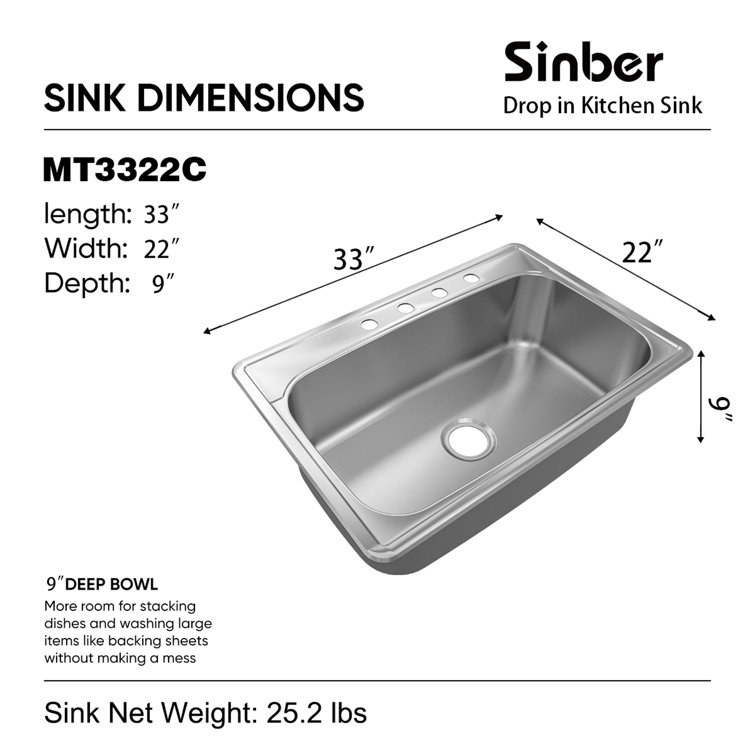 Sinber 33'' x 22'' Stainless Steel Single Bowl Drop-In Kitchen Sink