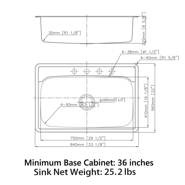 Sinber 33'' x 22'' Stainless Steel Single Bowl Drop-In Kitchen Sink