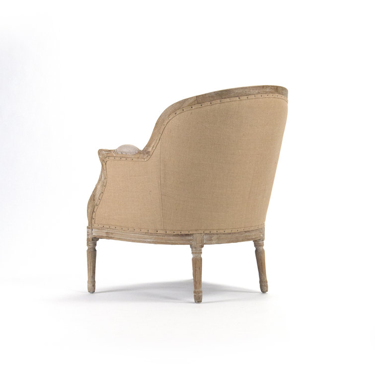 Beige Striped Linen and Wood Accent Chair