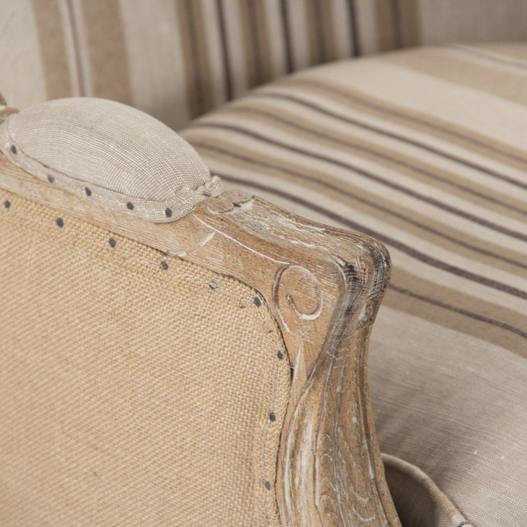 Beige Striped Linen and Wood Accent Chair