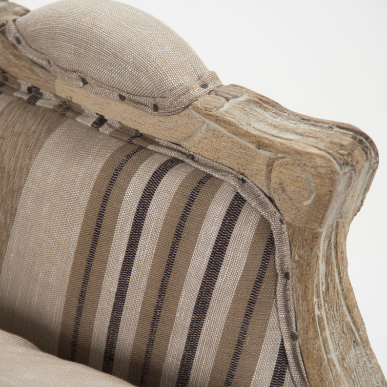 Beige Striped Linen and Wood Accent Chair