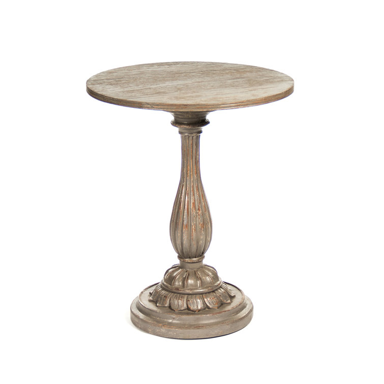 Birch and Metal Round Pedestal End Table