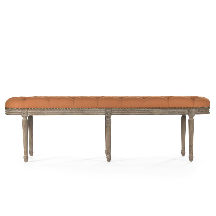 Michel Limed Grey Oak Tufted Bench with Orange Linen Seat