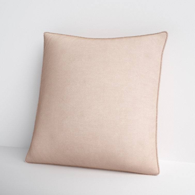 Tan Cotton Square Embroidered Throw Pillow with Fringed Edges
