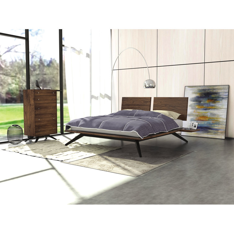 Walnut Dark Chocolate Solid Wood Queen Platform Bed with Adjustable Headboard