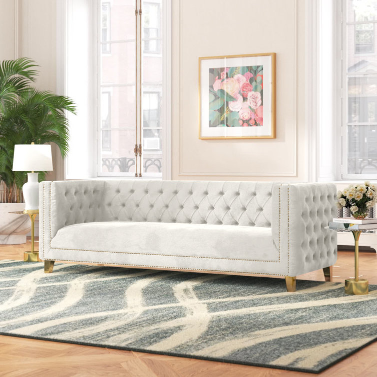 Michelle 90'' Cream Velvet Tufted Sofa with Gold Nailhead Trim