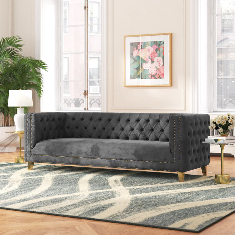 Michelle 90'' Grey Velvet Tufted Sofa with Gold Nailhead Trim