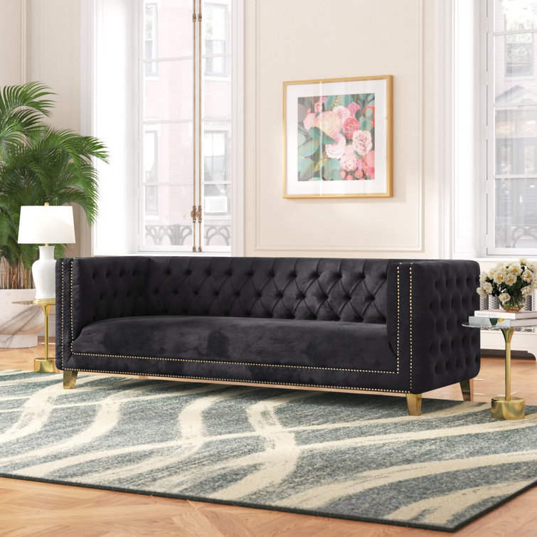 Michelle 90'' Black Velvet Sofa with Gold Nailhead Trim