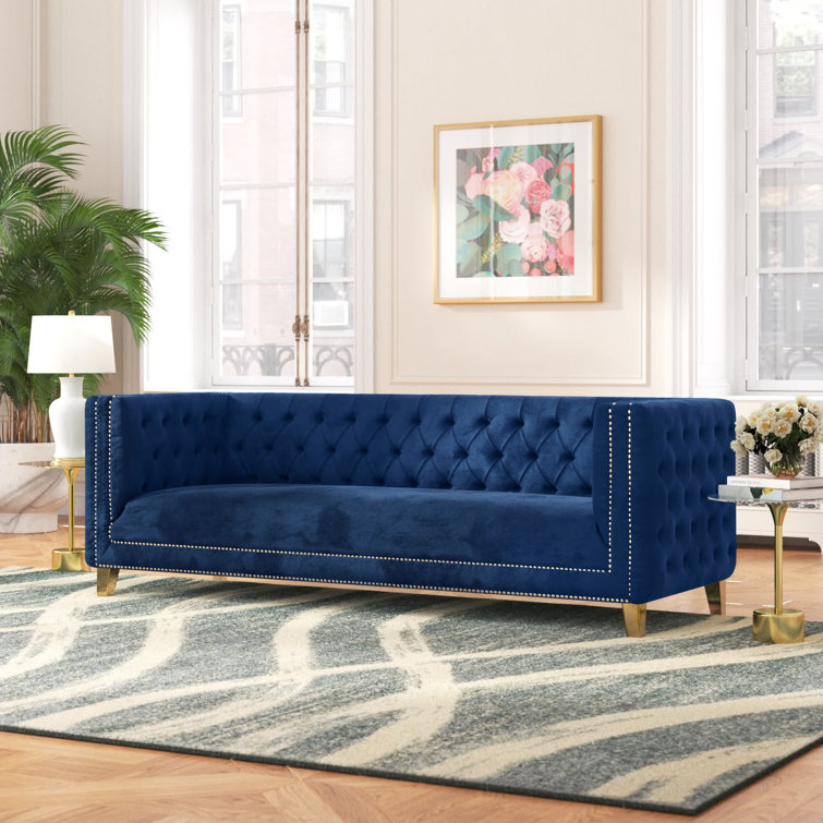 Michelle 90'' Navy Velvet Tufted Sofa with Gold Nailhead Trim