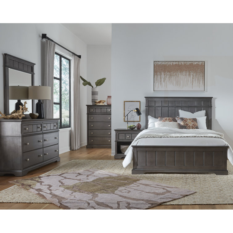 Gray Queen Transitional Metal Frame Wood Headboard Bed