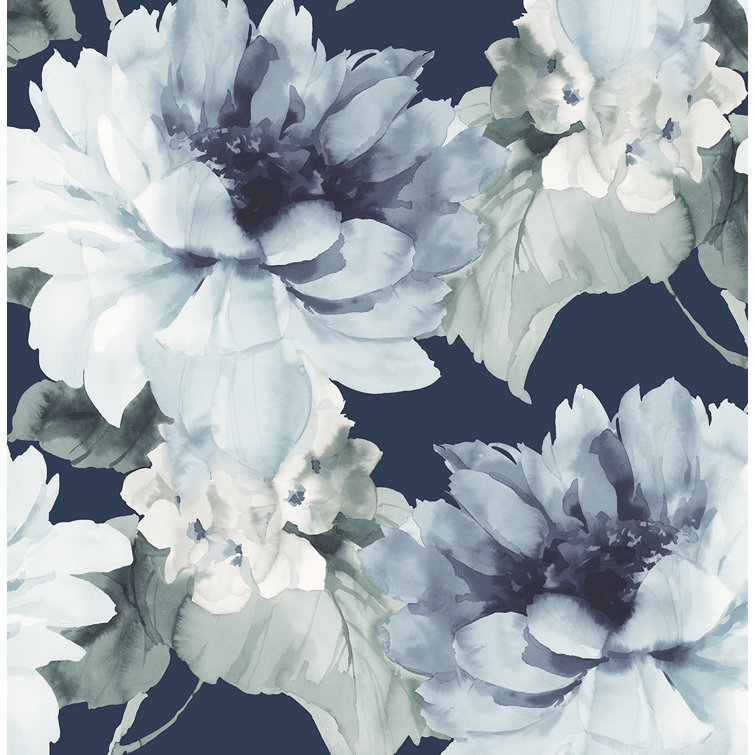 Navy Blue and Slate Green Floral Vinyl Peel & Stick Wallpaper