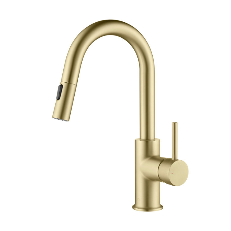 Brushed Gold Solid Brass Pull Down Kitchen Faucet with Soap Dispenser