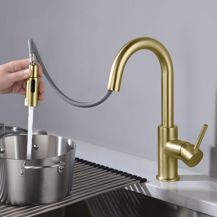 Brushed Gold Solid Brass Pull Down Kitchen Faucet with Soap Dispenser