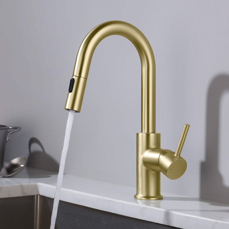 Brushed Gold Solid Brass Pull Down Kitchen Faucet with Soap Dispenser