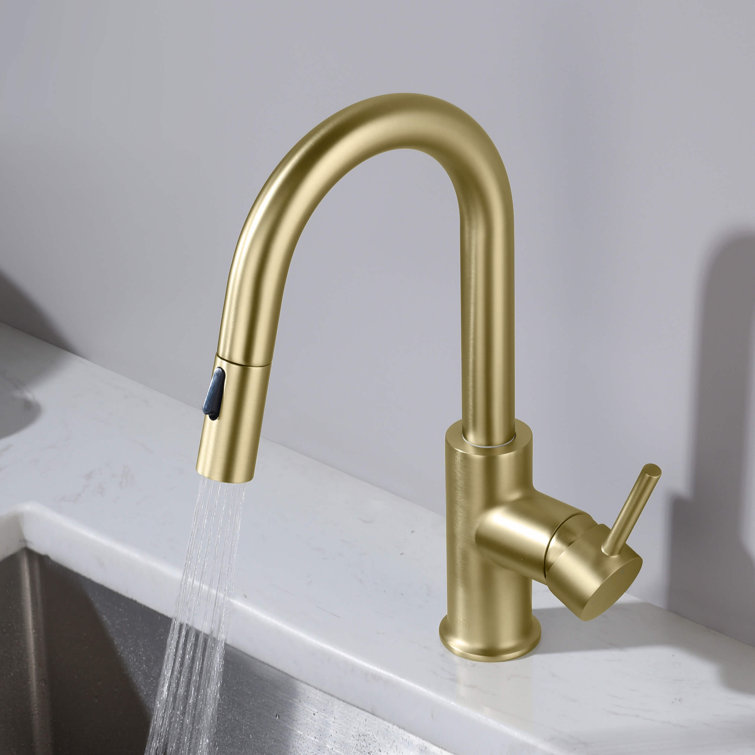 Brushed Gold Solid Brass Pull Down Kitchen Faucet with Soap Dispenser