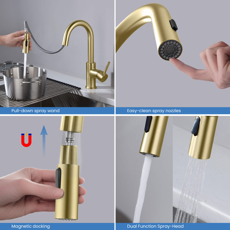 Brushed Gold Solid Brass Pull Down Kitchen Faucet with Soap Dispenser