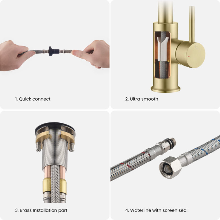 Brushed Gold Solid Brass Pull Down Kitchen Faucet with Soap Dispenser
