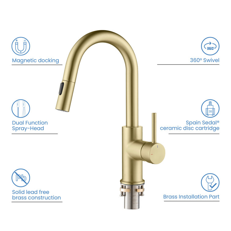 Brushed Gold Solid Brass Pull Down Kitchen Faucet with Soap Dispenser