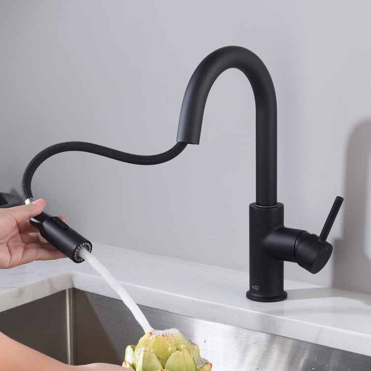 Matte Black Solid Brass Single Handle Kitchen Faucet with Pull-out Spray