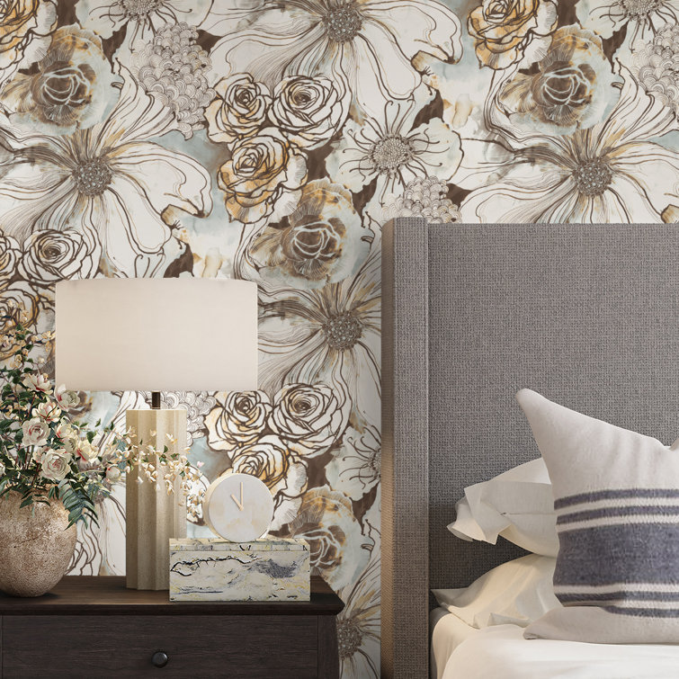 Mocha and Blue Mist Floral Vinyl Peel and Stick Wallpaper