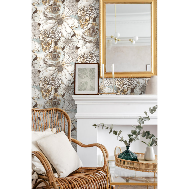 Mocha and Blue Mist Floral Vinyl Peel and Stick Wallpaper