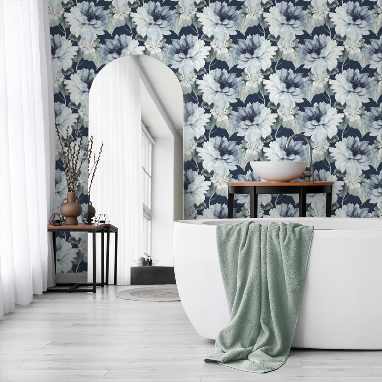 Navy Blue and Slate Green Floral Vinyl Peel & Stick Wallpaper