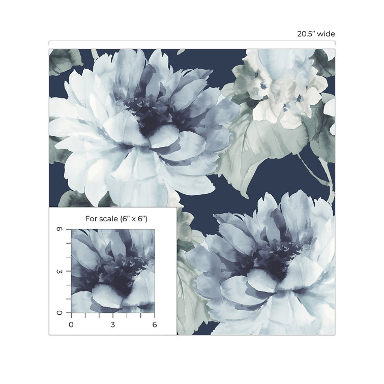 Navy Blue and Slate Green Floral Vinyl Peel & Stick Wallpaper