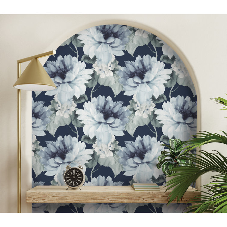 Navy Blue and Slate Green Floral Vinyl Peel & Stick Wallpaper
