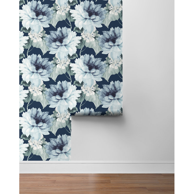 Navy Blue and Slate Green Floral Vinyl Peel & Stick Wallpaper
