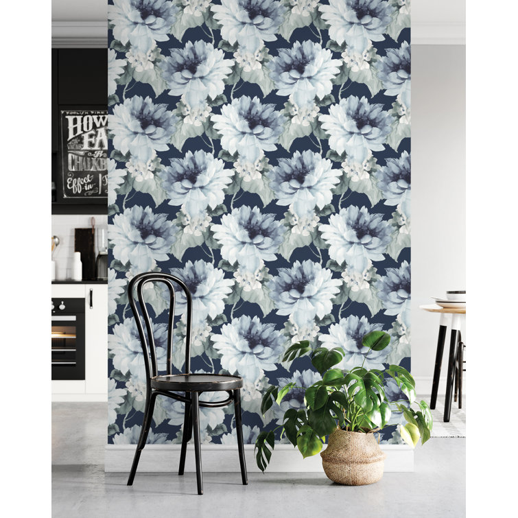 Navy Blue and Slate Green Floral Vinyl Peel & Stick Wallpaper