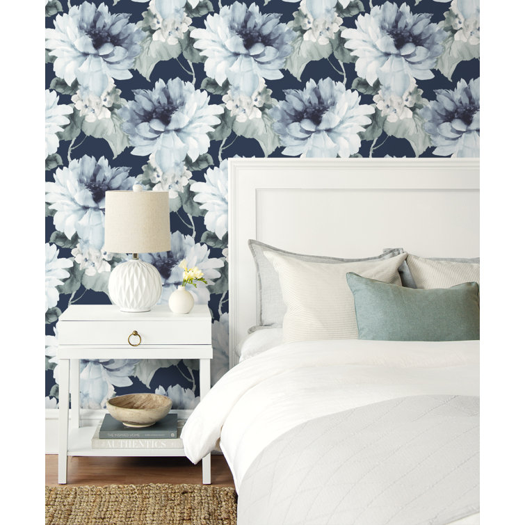 Navy Blue and Slate Green Floral Vinyl Peel & Stick Wallpaper