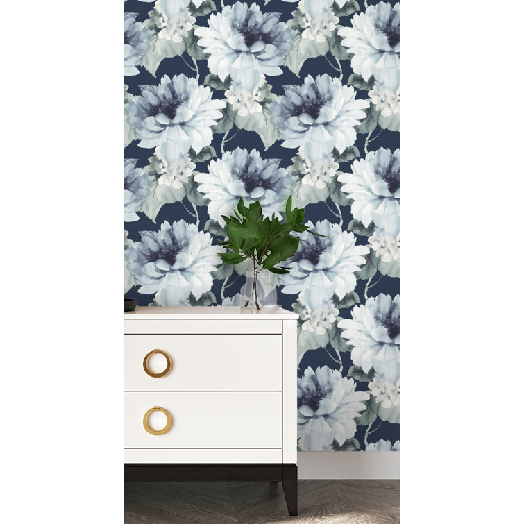 Navy Blue and Slate Green Floral Vinyl Peel & Stick Wallpaper