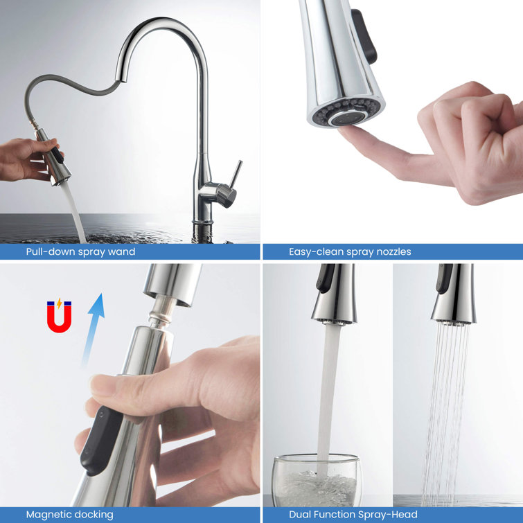 Chrome Single Handle Pull-Out Spray Kitchen Faucet with Soap Dispenser