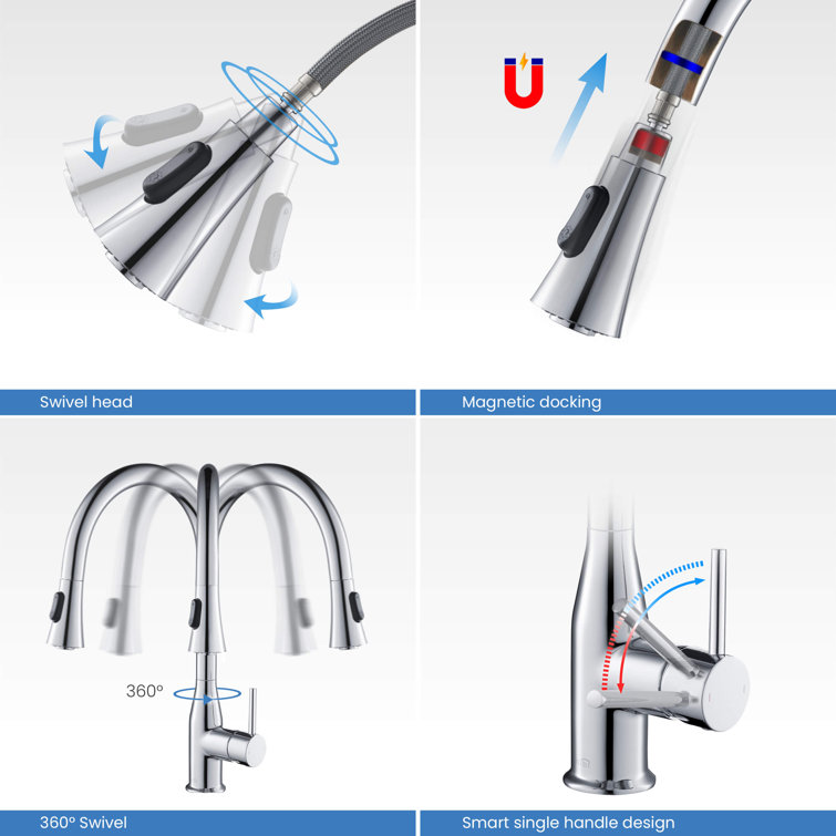 Chrome Single Handle Pull-Out Spray Kitchen Faucet with Soap Dispenser