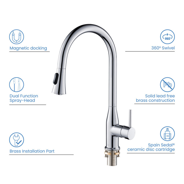 Chrome Single Handle Pull-Out Spray Kitchen Faucet with Soap Dispenser