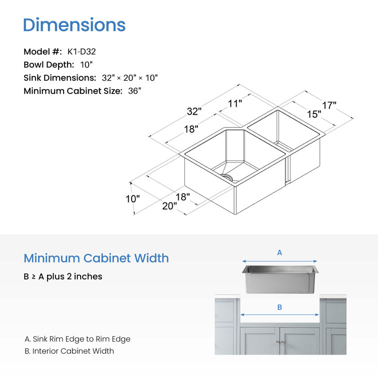32'' Stainless Steel Undermount Double Bowl Kitchen Sink
