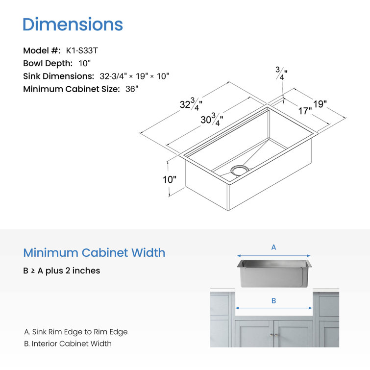 Kibi 33'' Satin Stainless Steel Single Bowl Undermount Sink