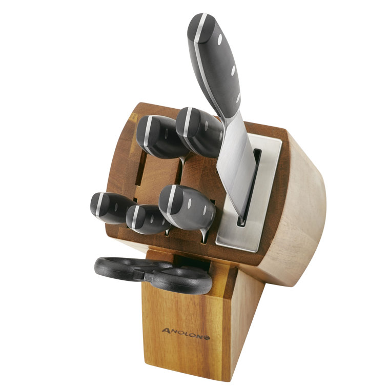 Anolon Cutlery Japanese Carbon Steel 8 Piece Knife Block Set with Built-In Sharpener